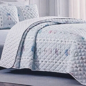 Lenox Spice Village Quilt Baby Blue White Reversible King 2 Shams Set NEW Tag